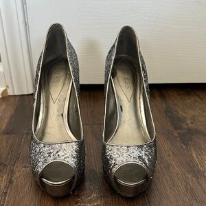 Guess Glittering Silver Peep Toe Heels
